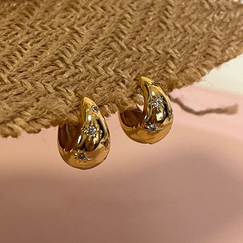 Stainless Steel Star Zircon Hoop Earrings for Women - Chunky Sun Rhinestone Punk Y2K Jewelry