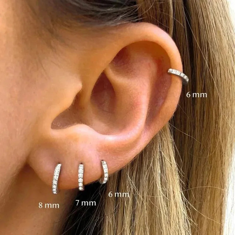 Pair Stainless Steel Huggie Minimal Hoop Earrings Little Crystal Zirconia