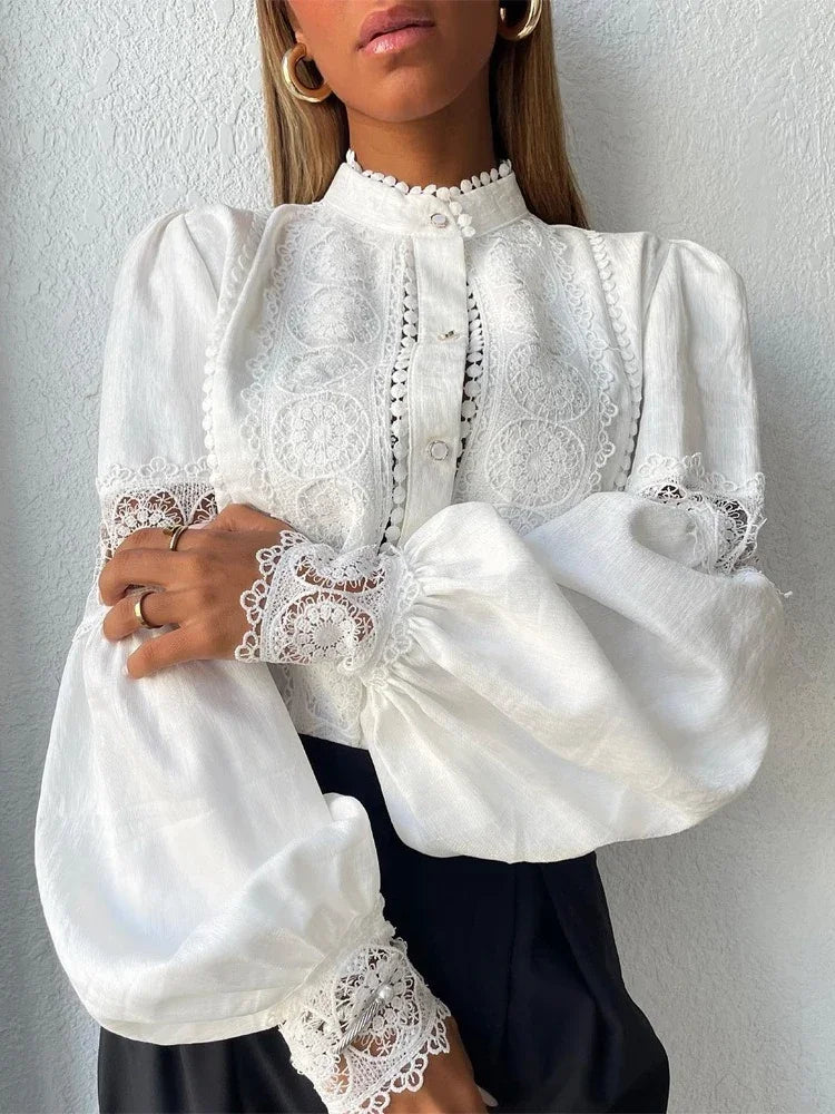 White Lace Blouse for Women - Elegant Puff Sleeve Top with Hollow Flower Design & Button Closure for Office & Casual Wear