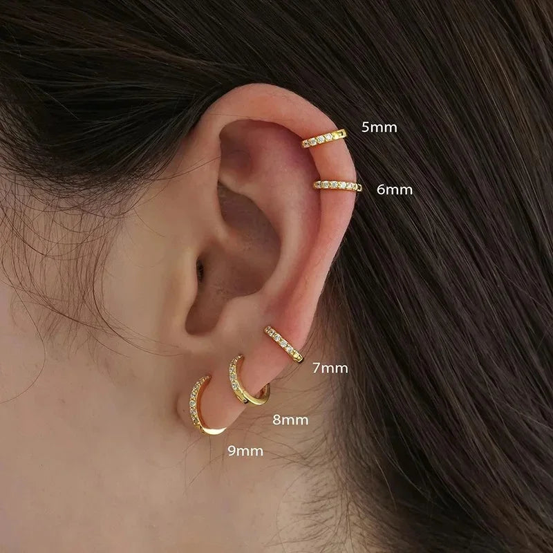 Pair Stainless Steel Huggie Minimal Hoop Earrings Little Crystal Zirconia
