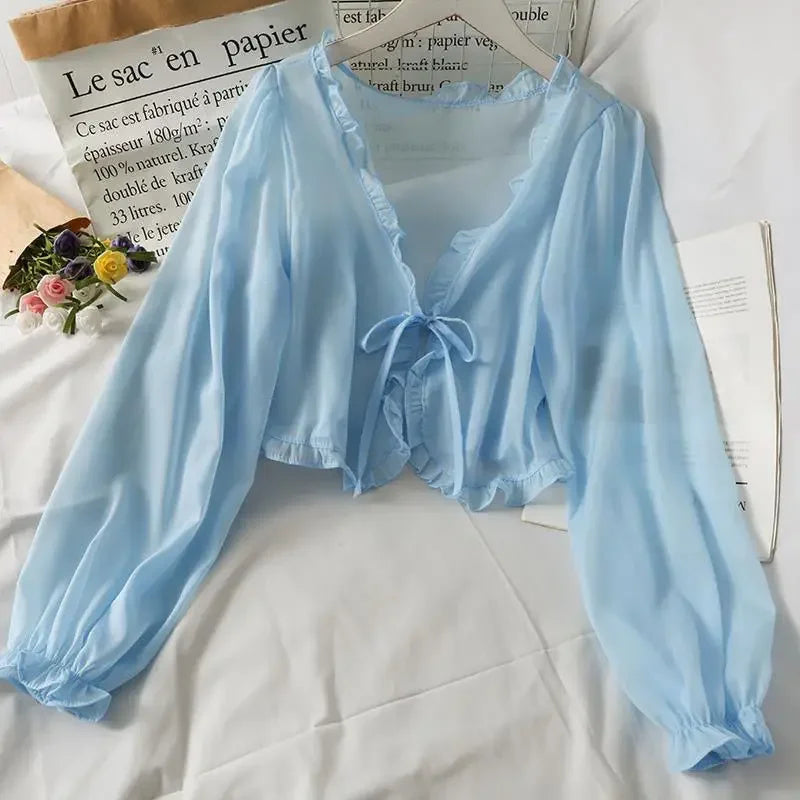 Long Sleeve Thin Breathable T-shirts Women Lace Bow Cardigan