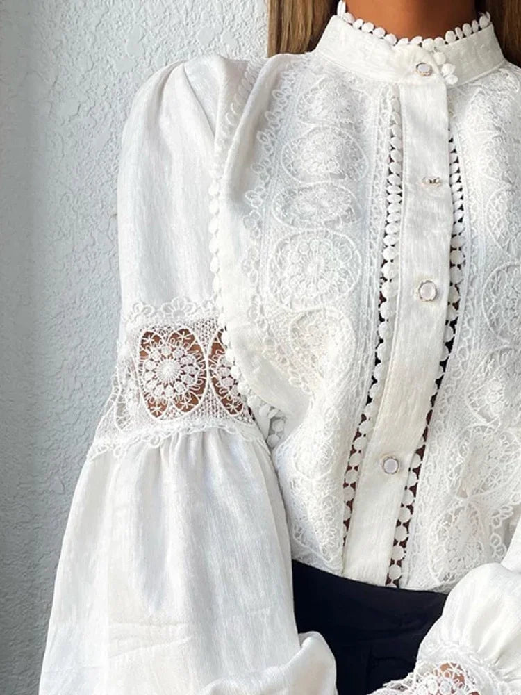White Lace Blouse for Women - Elegant Puff Sleeve Top with Hollow Flower Design & Button Closure for Office & Casual Wear