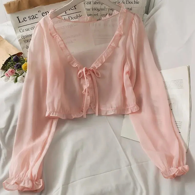 Long Sleeve Thin Breathable T-shirts Women Lace Bow Cardigan