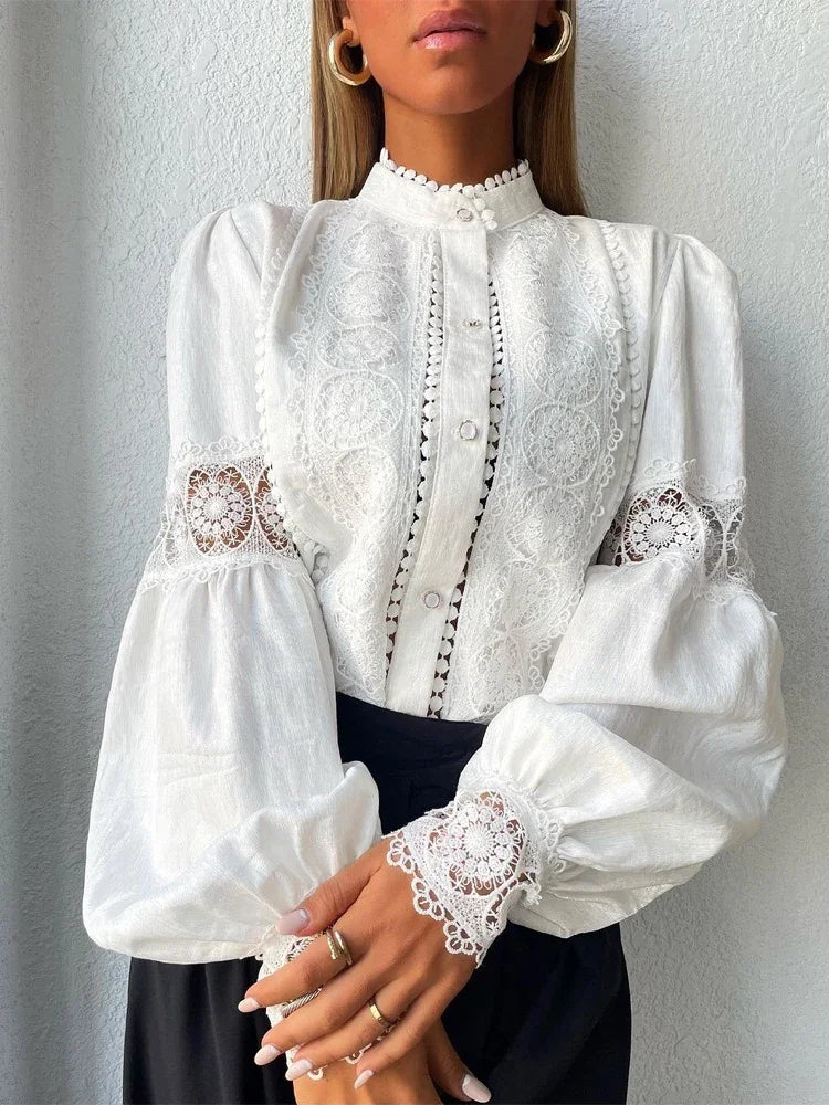 White Lace Blouse for Women - Elegant Puff Sleeve Top with Hollow Flower Design & Button Closure for Office & Casual Wear
