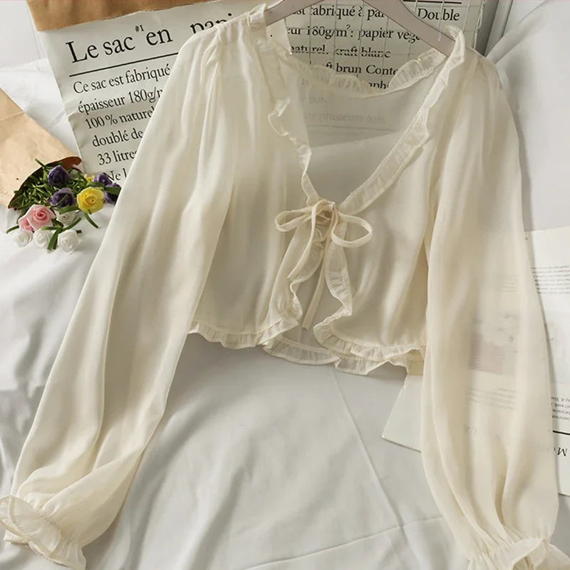 Long Sleeve Thin Breathable T-shirts Women Lace Bow Cardigan